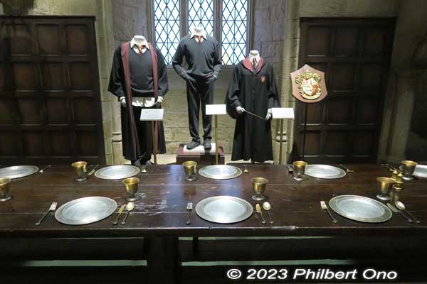 Tableware in the Gryffindor section with their robes displayed behind.
