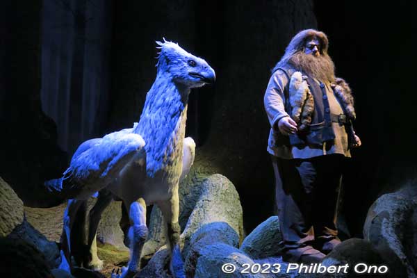 Hagrid (half giant) and Buckbeak the Hippogriff (animatronic) in the Forbidden Forest.
