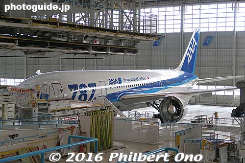 ANA's Boeing 787 inside the maintenance hangar at Haneda Airport. 
Keywords: tokyo ota-ku haneda airport ANA maintenance facility planes boeing jets