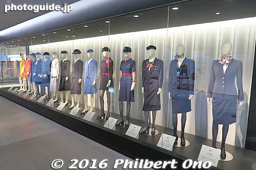 Cabin attendant uniforms throughout JAL's history (including TDA aka Japan Air System that merged with JAL). 
Keywords: tokyo ota-ku haneda airport JAL maintenance facility planes boeing jets hangar tour museum
