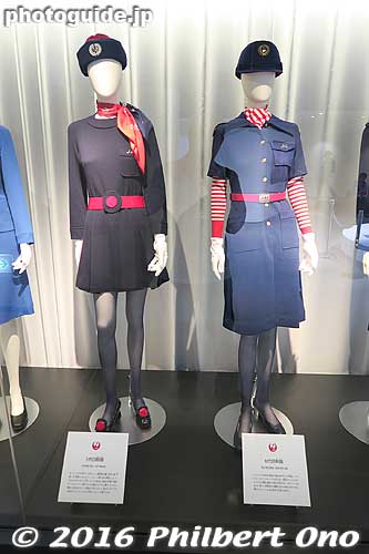 JAL's cabin attendant uniform worn in the 1970s (left) and 1980s (right).
Keywords: tokyo ota-ku haneda airport JAL maintenance facility planes boeing jets hangar tour museum japan airlines uniform stewardess japanfashion