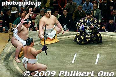 Side view of Asashoryu's dohyo-iri. Looks like we'll have to wait a lot longer to ever see another Japanese yokozuna. No one is even on the horizon as of this writing. The next yokozuna might as well be another foreigner (Baruto perhaps).
Keywords: tokyo sumida-ku ward ryogoku kokugikan sumo tournament ozumo rikishi wrestlers