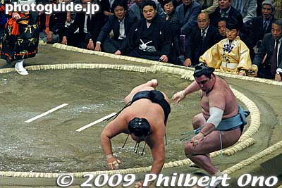 Both tumble off the ring...
Keywords: tokyo sumida-ku ward ryogoku kokugikan sumo tournament ozumo rikishi wrestlers