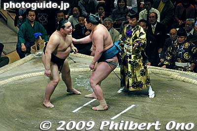 A false start by Hakuho.
Keywords: tokyo sumida-ku ward ryogoku kokugikan sumo tournament ozumo rikishi wrestlers