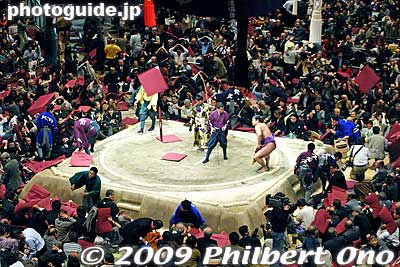 Also see [url=http://www.youtube.com/watch?v=SbuNoX1_Y7I]my YouTube video of the flying cushions.[/url]
Keywords: tokyo sumida-ku ward ryogoku kokugikan sumo tournament ozumo rikishi wrestlers