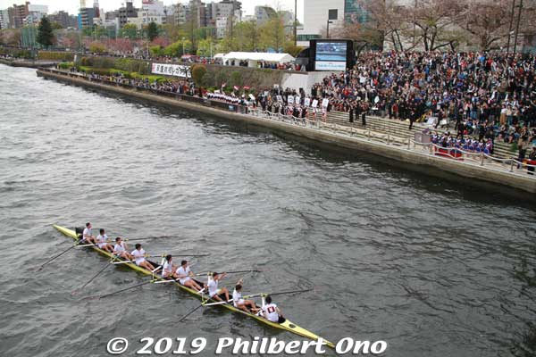 The winning crew acknowledge cheers from the crowd.
Keywords: tokyo sumida river sokei Waseda Keio Regatta rowing boat