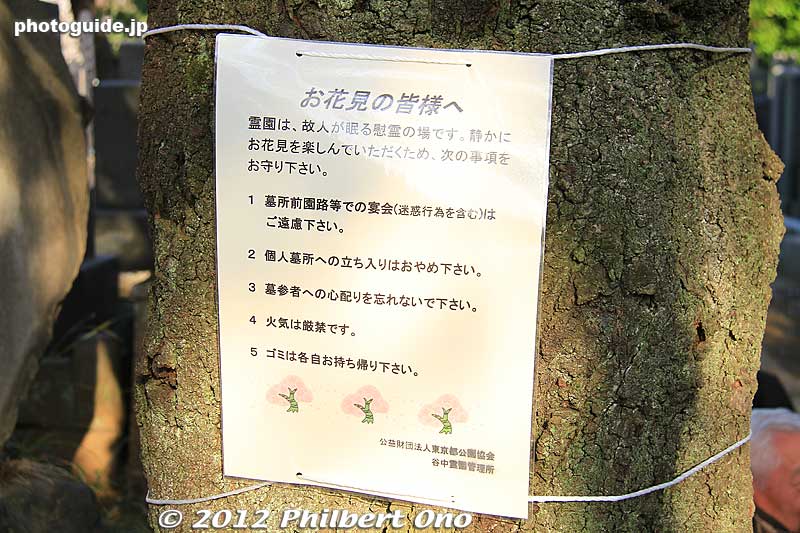 Rules for flower viewers. No fires and take home your trash.
Keywords: tokyo taito-ku Yanaka Cemetery cherry blossoms sakura flowers