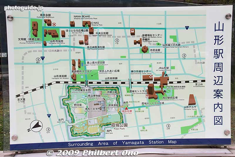 Map of central Yamagata city. The top-most road in bold leading to the former prefectural office is where the Hanagasa Matsuri parade is held in early Aug. Yamagata Castle (Kajo Park) is on the west side of the train station.
Keywords: yamagata castle kajo park 