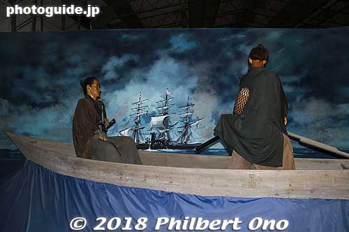 Yoshida Shoin riding on a boat to Commodore Perry's USS Powhatan flagship to try and stowaway to America.
Keywords: yamaguchi hagi yoshida shoin history museum