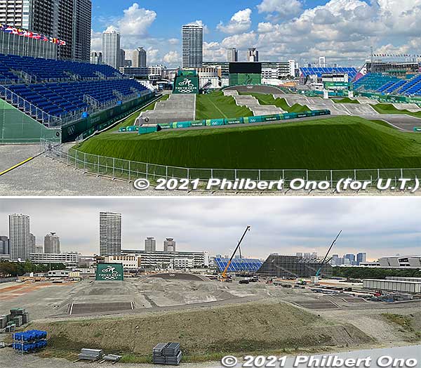 Before and after photos of Ariake Urban Sports Park's BMX Racing course in the foreground. Skateboarding venue in background also being dismantled. BMX Freestyle venue on the right already gone. 
