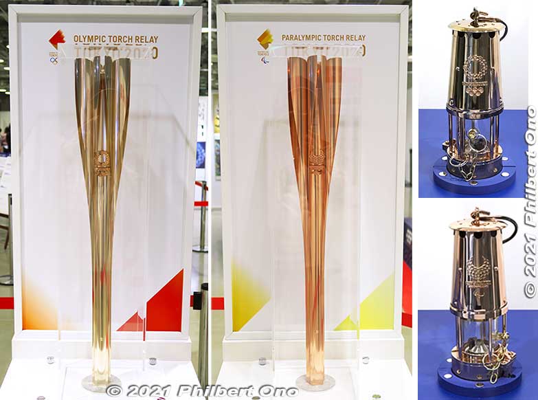 Tokyo 2020 Olympic torch (left) and Paralympic torch (right). Also, Olympic torch lantern (top) and Paralympic lantern.
