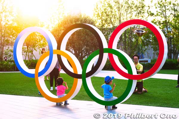 Olympic rings in front of Japan Olympic Museum, popular for photos.