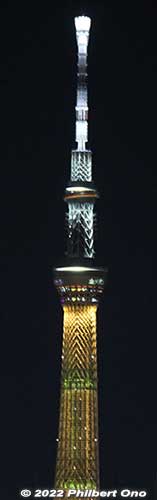 Tokyo Skytree lit up in gold to celebrate speed skater Takagi Miho's gold medal at Beijing 2022