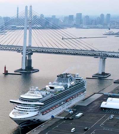 Diamond Princess being disinfected at Daikoku Pier, Yokohama Port in March 2020.