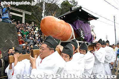 The giant phallus by itself weighs about 280 kg (620 lbs.). The total weight of both the phallus and portable shrine housing is 400 kg (885 lbs.).
Keywords: aichi komaki jinja shrine penis festival fertility honen matsuri shinto