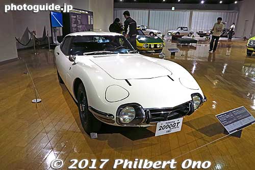 Toyota 2000GT from 1967. The museum is celebrating this car's 50th anniversary. So they have a few of these on display in 2017.
Made famous by James Bond in "You Only Live Twice." But the film featured a custom-made convertible instead (only two convertibles were made, both for the film). Design was inspired by the Jaguar. 
Keywords: aichi nagakute toyota automobile museum classic cars japandesign