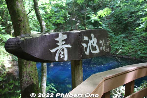 Sign says "Ao Ike" (青池) or Blue Pond, one of the 12 Juniko Lakes.
Keywords: aomori fukaura juniko lakes aoike blue pond