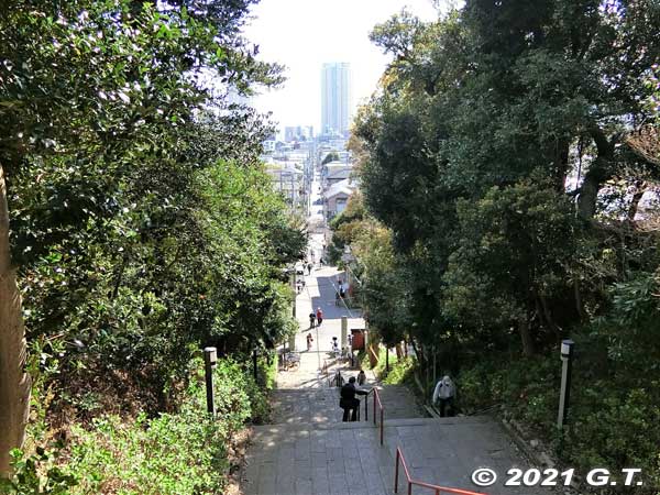 Going down the steps from Guhoji Temple. In the distance, The Towers West skyscraper is visible. The road ahead goes all the way to JR Ichikawa Station.
Keywords: chiba ichikawa guhoji Nichiren Buddhist temple