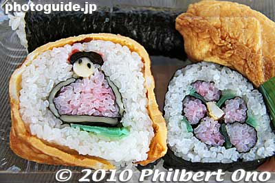 Sushi (my lunch) with a hina doll and sakura flower design. The head is made of cheese.
Keywords: chiba katsuura hina matsuri doll festival