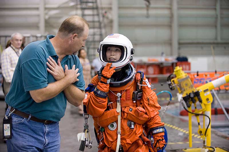 United Space Alliance crew trainer Robert (Rob) Tomaro briefs Naoko Yamazaki in preparation for a water survival training session...
17 Sept. 2009 --- United Space Alliance crew trainer Robert (Rob) Tomaro briefs Japan Aerospace Exploration Agency (JAXA) astronaut Naoko Yamazaki, STS-131 mission specialist, in preparation for a water survival training session in the waters of the Neutral Buoyancy Laboratory (NBL) near NASA's Johnson Space Center. Yamazaki is wearing a training version of her shuttle launch and entry suit.
