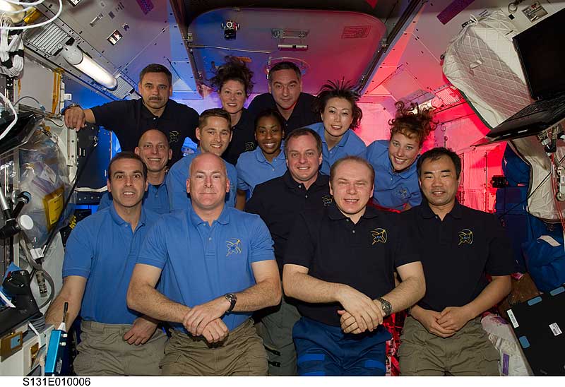 14 April 2010 --- STS-131 and Expedition 23 crew members gather for a group portrait in the Kibo laboratory of the International Space Station...
14 April 2010 --- STS-131 and Expedition 23 crew members gather for a group portrait in the Kibo laboratory of the International Space Station while space shuttle Discovery remains docked with the station. STS-131 crew members pictured (light blue shirts) are NASA astronauts Alan Poindexter, commander; James P. Dutton Jr., pilot; Clayton Anderson, Rick Mastracchio, Dorothy Metcalf-Lindenburger, Stephanie Wilson and Japan Aerospace Exploration Agency astronaut Naoko Yamazaki, all mission specialists. Expedition 23 crew members pictured are Russian cosmonauts Oleg Kotov, commander; Mikhail Kornienko and Alexander Skvortsov; Japan Aerospace Exploration Agency astronaut Soichi Noguchi, and NASA astronauts T.J. Creamer and Tracy Caldwell Dyson, all flight engineers.
