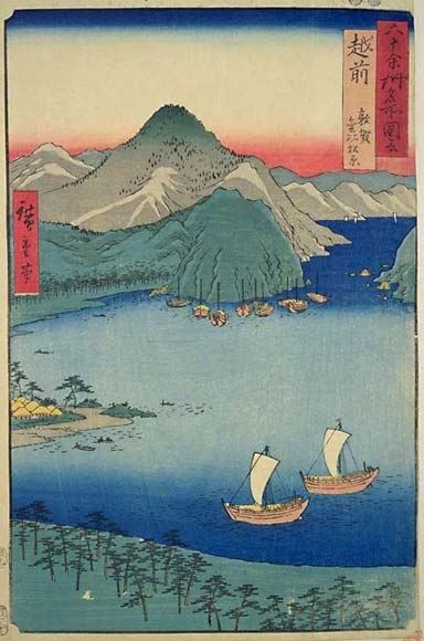 Hiroshige's woodblock print of Kehi Pine Beach in Tsuruga from his "Famous Views of the 60 Provinces" series.
Keywords: fukui tsuruga hiroshige