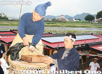 The bird then spits out the fish. The person on the right is the fishing master's son being groomed to take over his father's job. The fishing master has been doing this for 50 years. It is a hereditary position and occupation. 鮎
Keywords: gifu nagaragawa river ukai cormorant fishing fisherman birds boats matsuri5