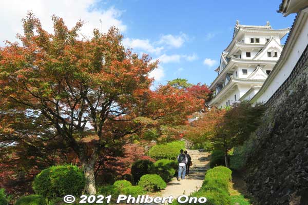 Path along the castle wall leading to another turret.
Keywords: gifu Gujo Hachiman Castle autumn foliage leaves maples