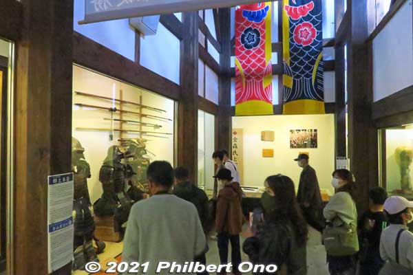 Inside Gujo-Hachiman Castle's main tower, a museum exhibiting local historical artifacts. This is the first floor. In the background, you can see Koinobori carp streamers made by local artists.
Keywords: gifu Gujo Hachiman Castle autumn foliage leaves maples