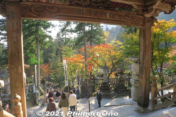 View from the top of the temple steps. Notice on the wooden pillar on the right, there's a koi carp fish hanging on it. 
Keywords: gifu ibigawa tanigumi-san kegonji temple tendai Buddhist