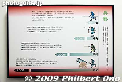 Range of various weapons: Spear 6 meters, arrow 30 meters, bullet 200 meters, and cannon 1800 meters.
Keywords: gifu ogaki castle 