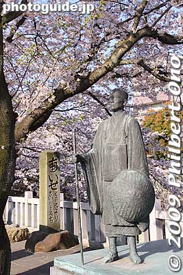 Statue of Matsuo Basho who ended his Okuno hosomichi journey in Ogaki.
Keywords: gifu ogaki promenade canal castle moat cherry blossoms sakura flowers 
