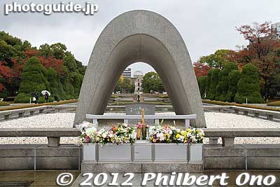 The Peace Park's focal point is this Memorial Cenotaph. It stores the names of all of the people killed by the bomb. The monument frames the Peace Flame and the A-Bomb Dome in a straight line.
Keywords: hiroshima peace memorial park atomic bomb cenotaph
