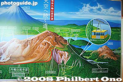 Mt. Usu is on the left, Showa-Shinzan on the right. In the background is the conical Mt. Yotei. Between Usu and Showa-Shinzan is the tourist village and the Usuzan Ropeway terminal.
Keywords: hokkaido sobetsu-cho mt. showa-shinzan mountain volcano
