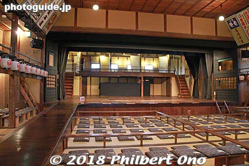 Inside Eirakukan. You can freely tour inside the theater. Very impressive and rare glimpse of a Meiji Period theater. 
That's the hanamichi on the left. You can walk on it too.
Keywords: hyogo toyooka izushi eirakukan kabuki theater