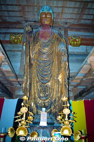 In Hakui, Ishikawa, Myojoji Temple's Shaka Nyorai Buddha statue (釈迦如来立像) standing 5 meters high inside Jorokudo (Shakado) Hall. 丈六堂（釈迦堂）
Website: http://myojoji-noto.jp/
Keywords: ishikawa hakui noto hanto peninsula japansculpture
