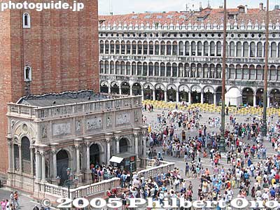 St. Mark's Square and entrance to the Campanile
It doesn't take long to go up the elevator to the top of the tower. It was surprisingly uncrowded, unlike St. Mark's Basilica where there was a long line at all times.
Keywords: Italy Venice Venezia