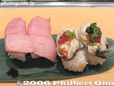 Toro and oyster (kaki) Sushi
Keywords: japanese food