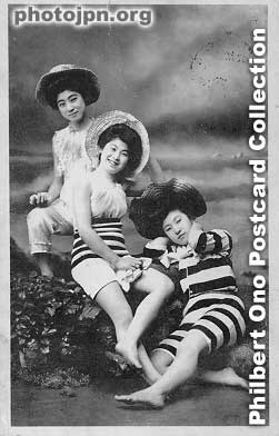 Swimsuit Beauties. These are typical swimsuits worn during the late 19th century. Horizontal stripes were in vogue. They are not posed very well, but there's something charming about them. This postcard is postmarked Aug. 1912. A nice summertime greet
Keywords: japanese vintage postcards nihon bijin women beauty kimono swimsuit