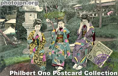 Speak, Hear, and See No Evil. A common pose imitating the monkeys. Postmarked 1914. Hand-colored.
Keywords: japanese vintage old postcards children girls kimono