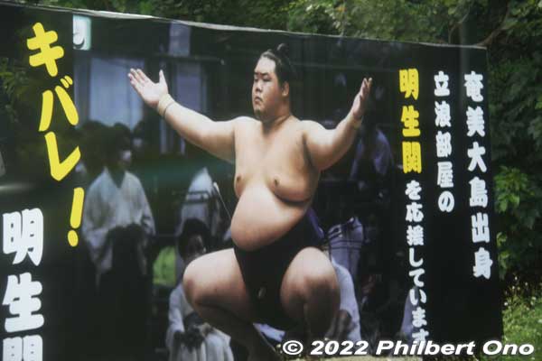 Street sign promoting sumo wrestler Meisei who is from Amami Oshima. He belongs to Tatsunami Stable. 明生関
Keywords: kagoshima amami oshima