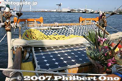 Solar panel in the forefront. Power is used for communications equipment.
Keywords: kanagawa yokohama port hokulea canoe boat sail hawaiian