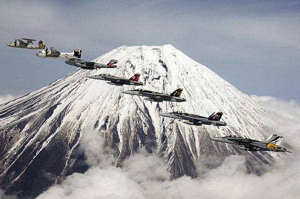 MOUNT FUJI, Japan (April 12, 2007) - Aircraft assigned to Carrier Air Wing (CVW) 5 perform a formation flight in front of Mount Fuji.
MOUNT FUJI, Japan (April 12, 2007) - Aircraft assigned to Carrier Air Wing (CVW) 5 perform a formation flight in front of Mount Fuji. CVW-5 is embarked aboard USS Kitty Hawk (CV 63). Kitty Hawk operates from Fleet Activities Yokosuka, Japan. U.S. Navy photo by Mass Communication Specialist 3rd Class Jarod Hodge (RELEASED)
