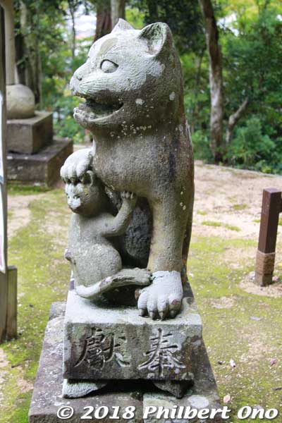 The left koma-neko cat is the mother (holding a kitten).
Keywords: kyoto kyotango Kotohira Konpira Shinto shrine koma-neko cat guardians