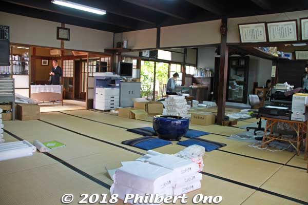 Inside Yoshimura Shouten. They have a small office space on the right, meeting room on the left, a fireproof kura storehouse in the back, and lots of floor space for textile merchandise.
Keywords: kyoto kyotango tango peninsula chirimen silk crepe fabric material textile