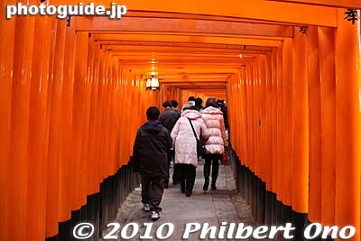 Inside the tunnel of toriis at Fushimi Inari Shrine in Kyoto, all donated to the shrine by companies.
Keywords: kyoto Fushimi Inari Taisha japanshrine
