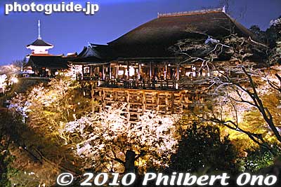 Kiyomizu temple with cherry blossoms lit up at night.
Keywords: kyoto temple 