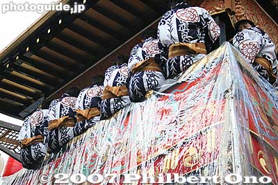 A plastic sheet protects the tapestry from rain (it was a cloudy day)
Keywords: kyoto gion matsuri festival summer float
