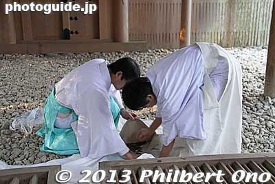 Collecting coins at Taka-no-miya Shrine 多賀宮.
Keywords: mie ise jingu shrine shinto hatsumode new years day shogatsu worshippers prayers