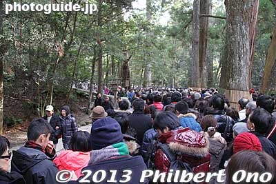 About 300-400 meters to the Naiku shrine, it got congested. It took about an hour to reach the foot of the steps going up to the shrine.
Keywords: mie ise jingu shrine shinto hatsumode new year&#039;s day shogatsu worshippers matsuri01